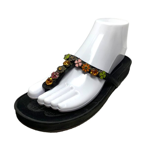 Albano Black Satin Leather Bejeweled Toe Post‎ Sandals - Picture 2 of 11